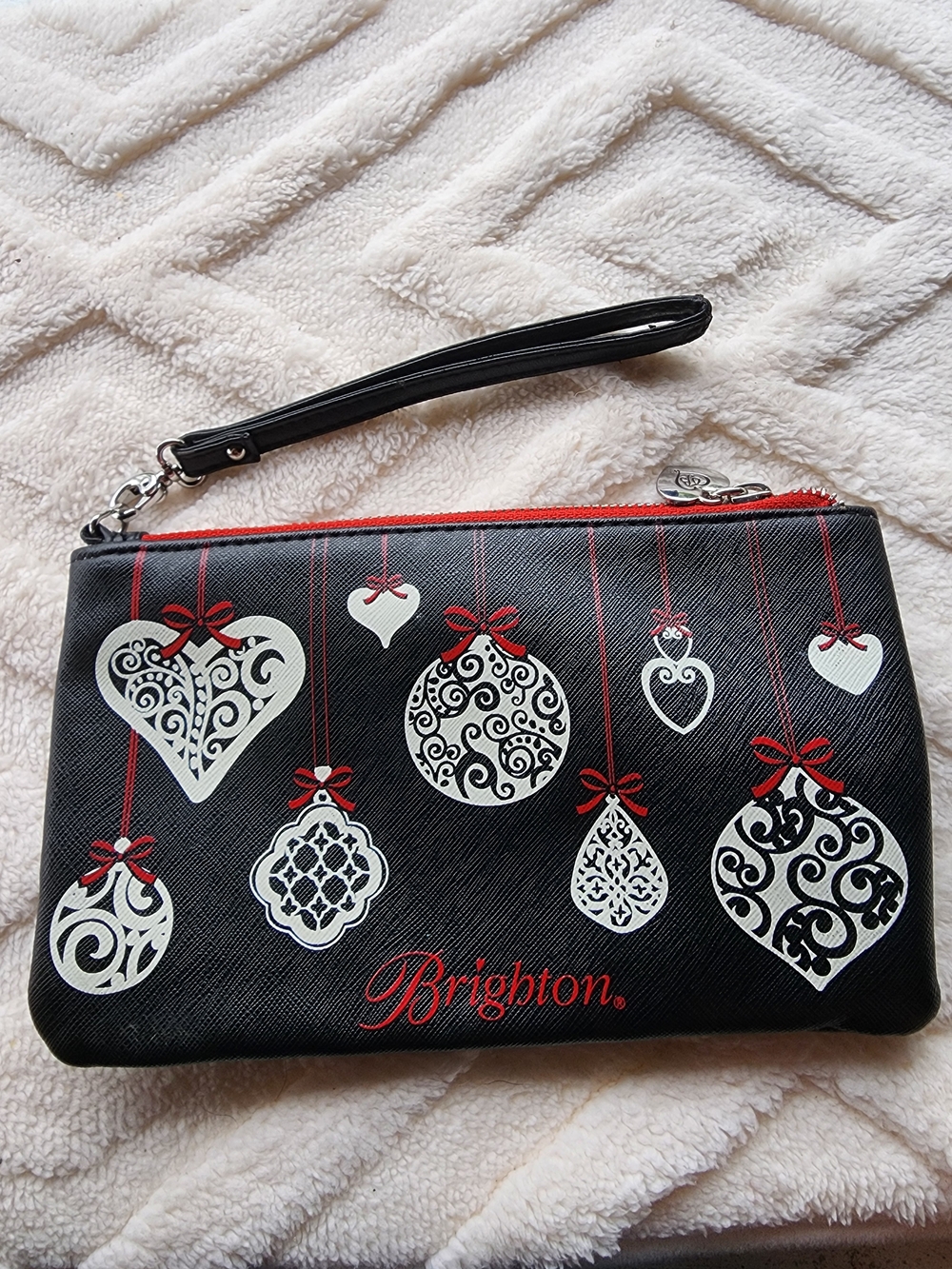 Brighton Black Clutch Wristlet with White Ornament Prints and Red Accents